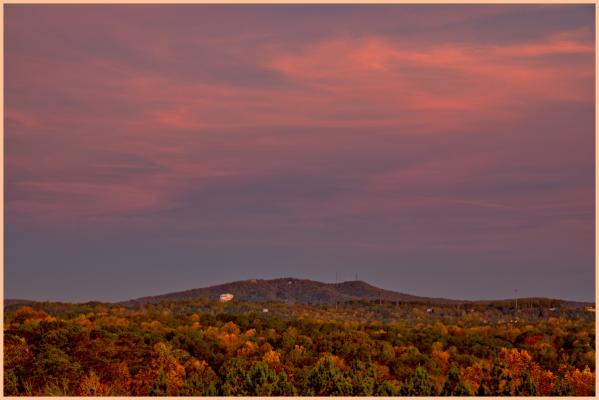 Fall twilight on Sawnee Mountain viewed from Nuckolls Rd and Buford Dam Rd