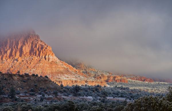 A mesa in the fog and early sunlight