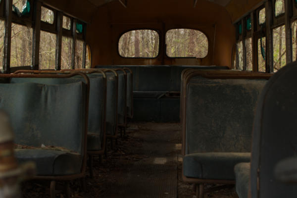 Inside an old school bus, GM Coach Division, serial number 70