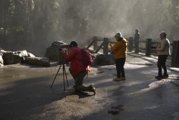 Some of our group in the mist at the base of Lower Yosemite Falls, Tuesday morning about 9:30 am